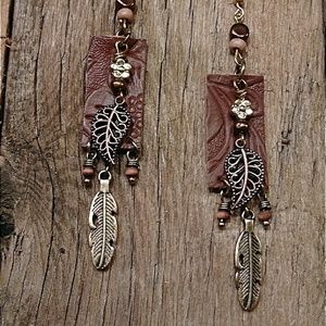 Brown leather with metal accent earrings